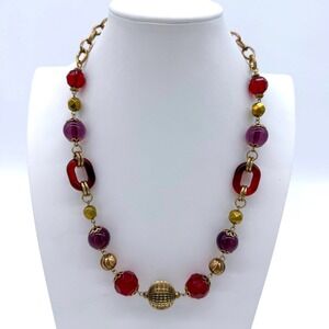 Vintage Ethnic Inspired Necklace Red Purple Beaded Gold Tone Boho Statement
